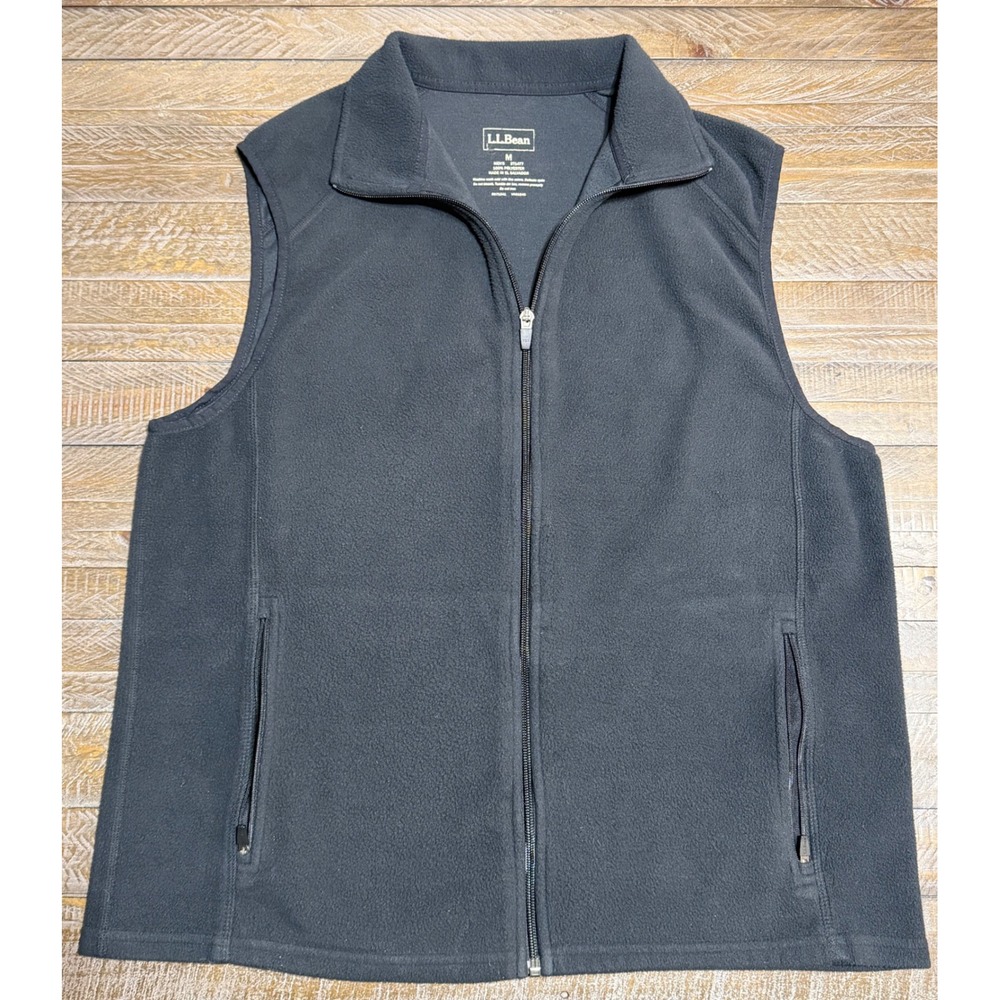 LL Bean Fleece Vest Mens Medium Black Excellent Full Zip Outdoor Layer Preloved